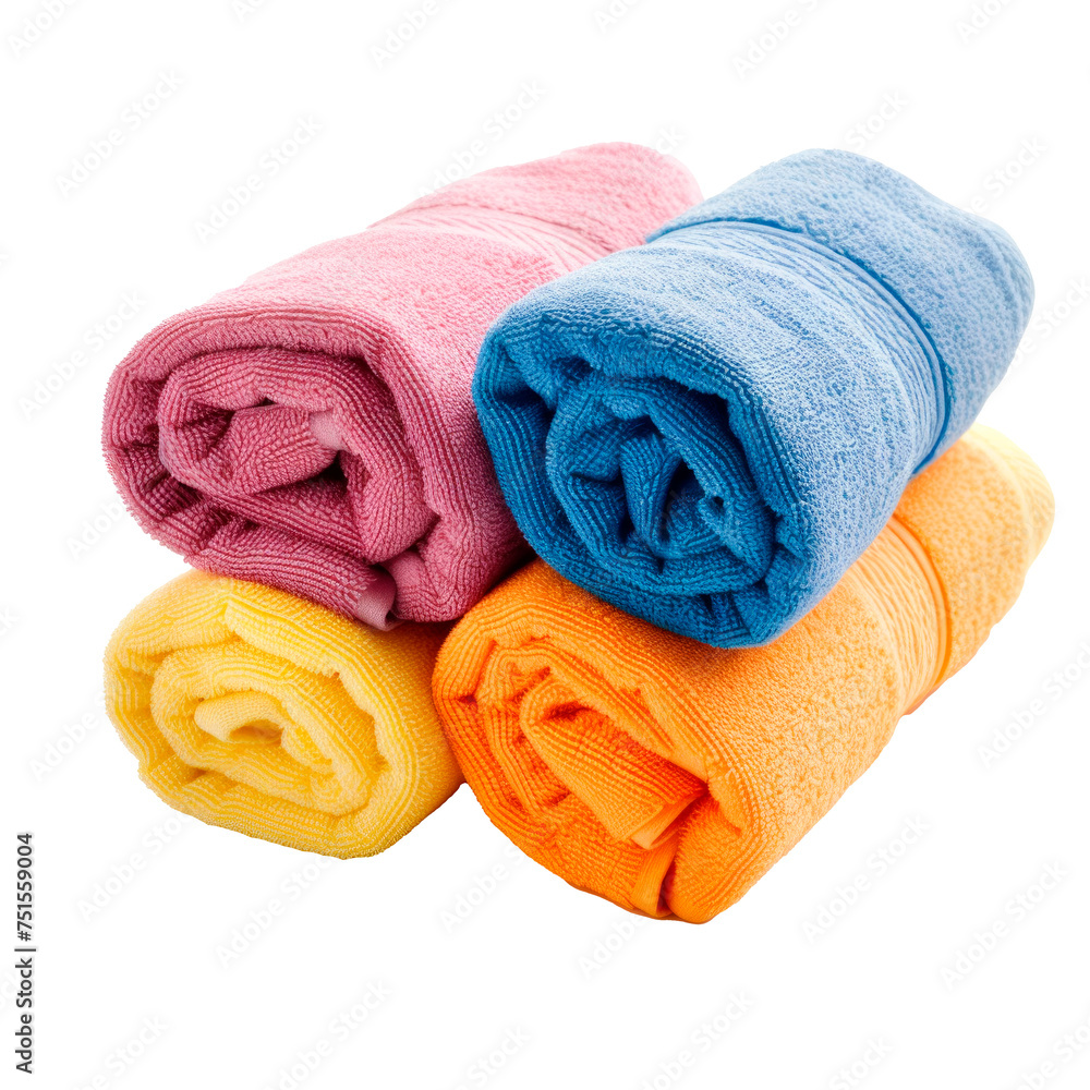 Four towels of different colors stacked on top of each other Isolated on transparent background, PNG Four towels of different colors stacked on top of each other Isolated on transparent background, PNG