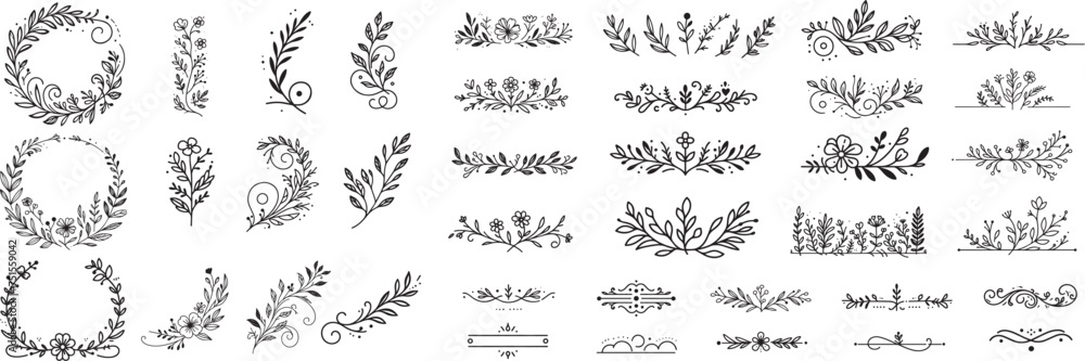 Large collection including wreaths, design elements, frames, and calligraphy. Vectorial floral depiction featuring branches, leaves, and berries. A natural frame set against a white backdrop.