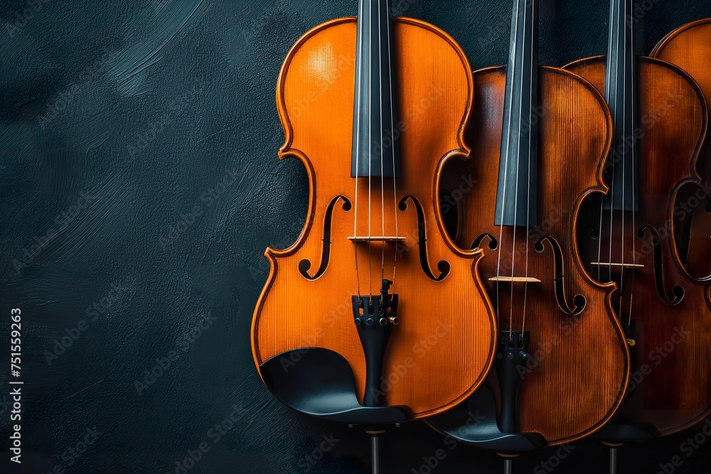 A lineup of violins hanging neatly on a wall, showcasing the beauty and elegance of the string instruments. A lineup of violins hanging neatly on a wall, showcasing the beauty and elegance of the string instruments.