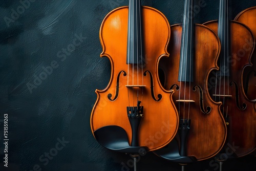 A lineup of violins hanging neatly on a wall  showcasing the beauty and elegance of the string instruments.