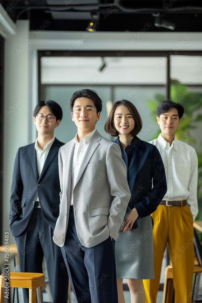 A middle-aged Korean business team standing united and confident. A middle-aged Korean business team standing united and confident.