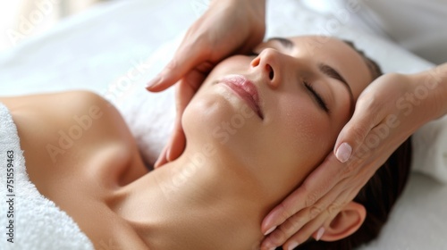 Closeup of the massage therapist's hands. Facial massage in a spa salon photo