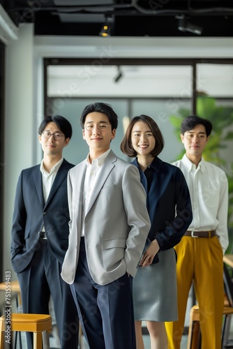 A middle-aged Korean business team standing united and confident.