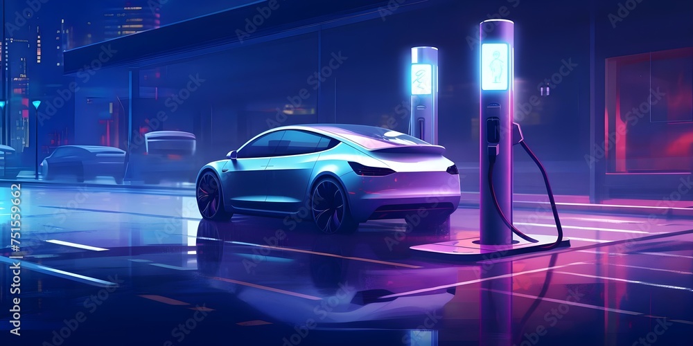 Illustration of a charging station for electric cars with a vibrant energy theme. Concept Electric Vehicles, Charging Stations, Energy Efficient, Vibrant Design, Illustration