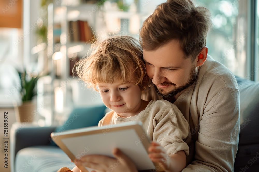 A man and a child engrossed in a book, exploring stories together. A man and a child engrossed in a book, exploring stories together.