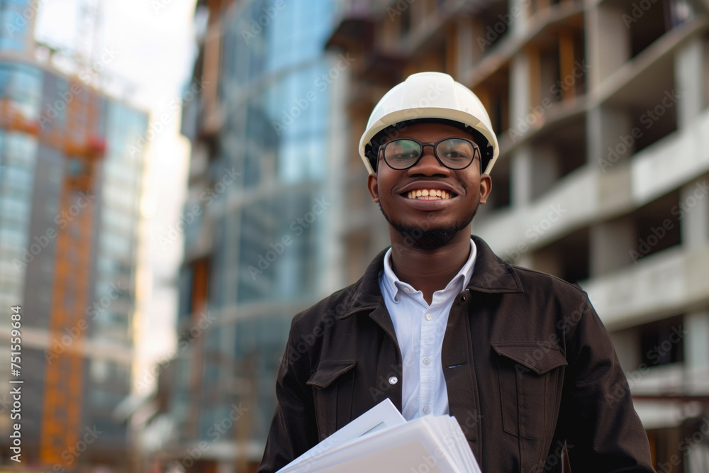Portrait of an architect in a white helmet against the background of a house under construction with plans and layouts on paper Portrait of an architect in a white helmet against the background of a house under construction with plans and layouts on paper