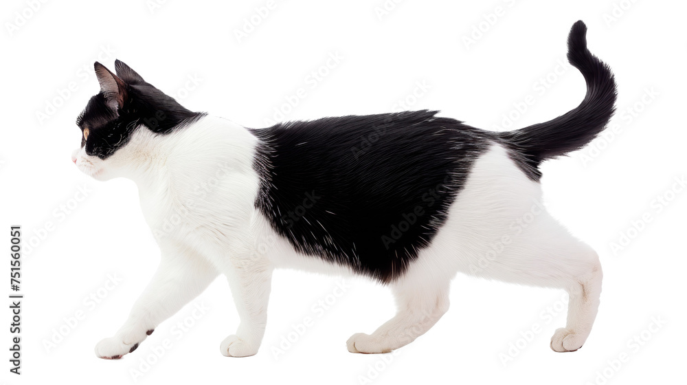 A black and white cat is walking. Isolated on transparent background, PNG