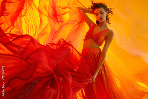 Woman on gradient background shifting from fiery red to golden yellow.