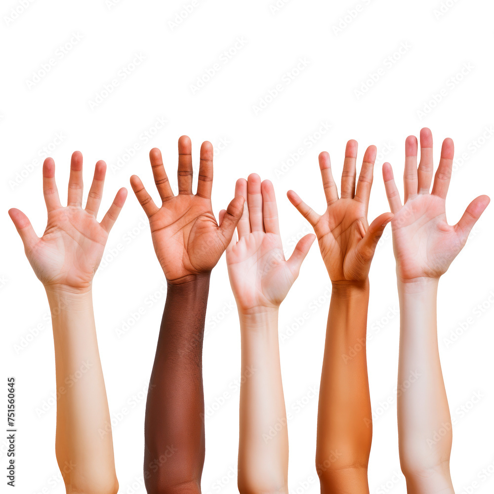 A group of people with different skin tones are raised up in the air Isolated on transparent background, PNG A group of people with different skin tones are raised up in the air Isolated on transparent background, PNG