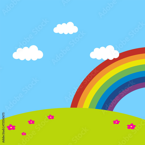 Green hills in a meadow with a rainbow. Digital art illustration
