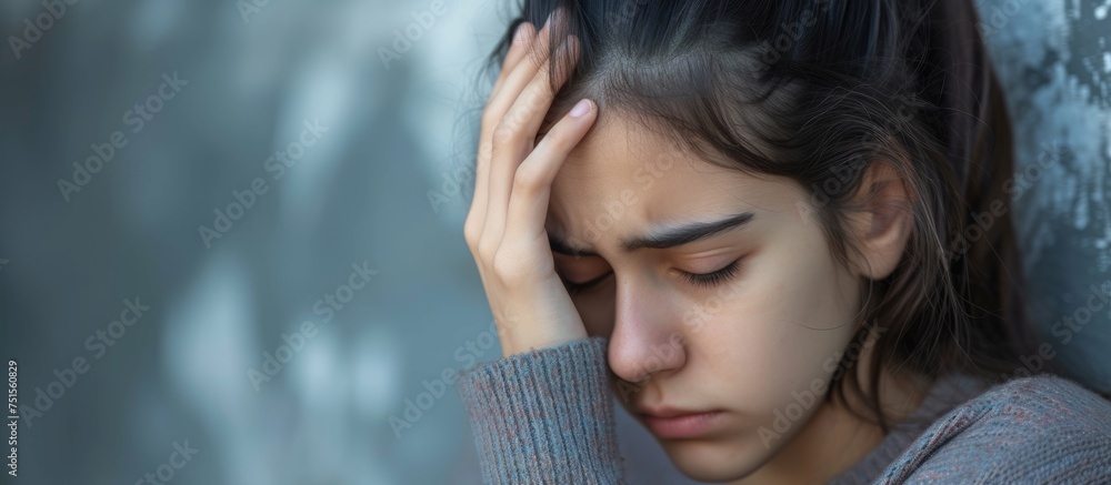 Depressed young woman with her head in her hands, feeling overwhelmed and stressed out Depressed young woman with her head in her hands, feeling overwhelmed and stressed out