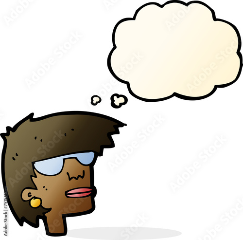 cartoon female face with glasses with thought bubble