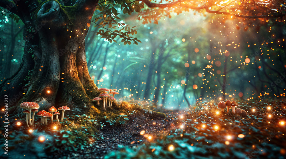 A whimsical fairy tale forest with twisted tree roots, magical mushrooms, and fireflies dancing in the air - obrazy, fototapety, plakaty 