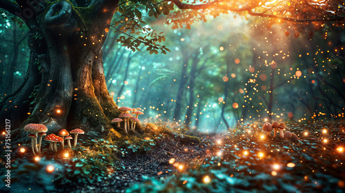 A whimsical fairy tale forest with twisted tree roots, magical mushrooms, and fireflies dancing in the air © Flowal93