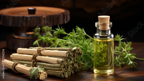 Bottle of wormwood essential oil with dried wormwood in background  copy space available