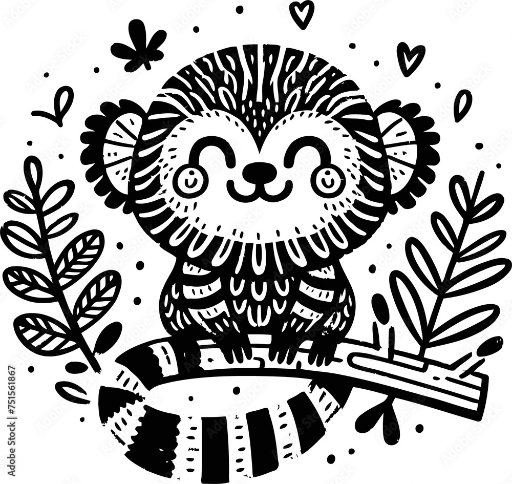 tarsier monkey in cute animal doodle cartoon, children mascot drawing, outline,

