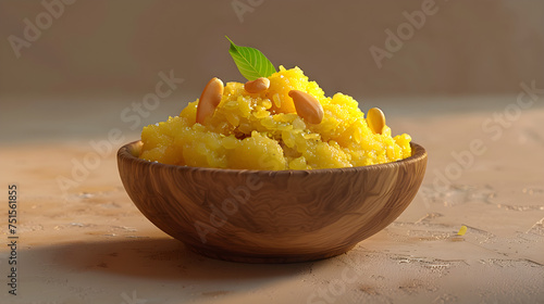 Golden halwa in wooden bowl with nuts