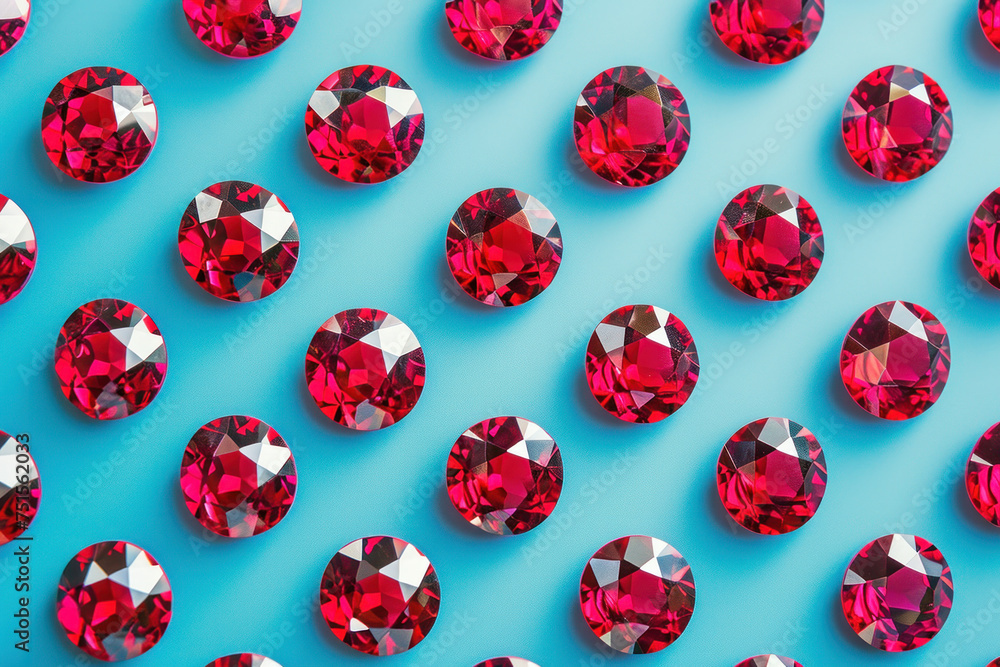 Vibrant red diamonds in a row on blue background with white space, colorful geometric pattern concept Vibrant red diamonds in a row on blue background with white space, colorful geometric pattern concept