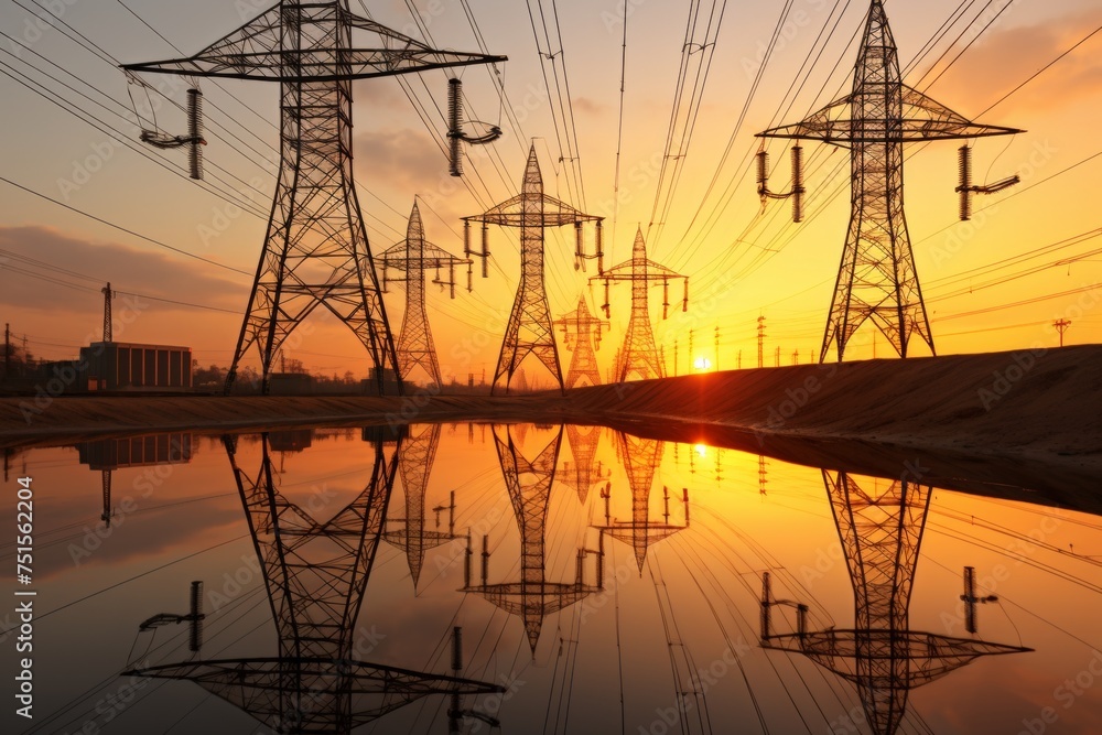 Cutting edge smart grid tech in modern electrical pylons with advanced design and infrastructure.