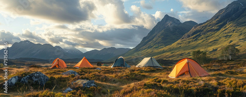 A cluster of tents pitched in the highlands under the vast expanse of a dramatic mountain skyline a testament to the camping lifestyle photo
