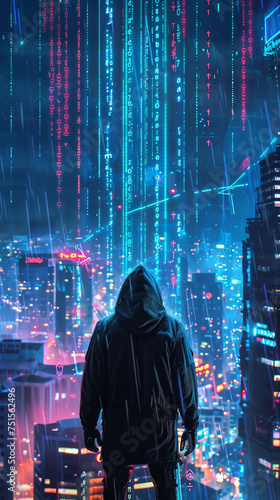 A hooded cyberpunk hacker stands before a vast digital city neon codes streaming down embodying the edge of future hacking photo