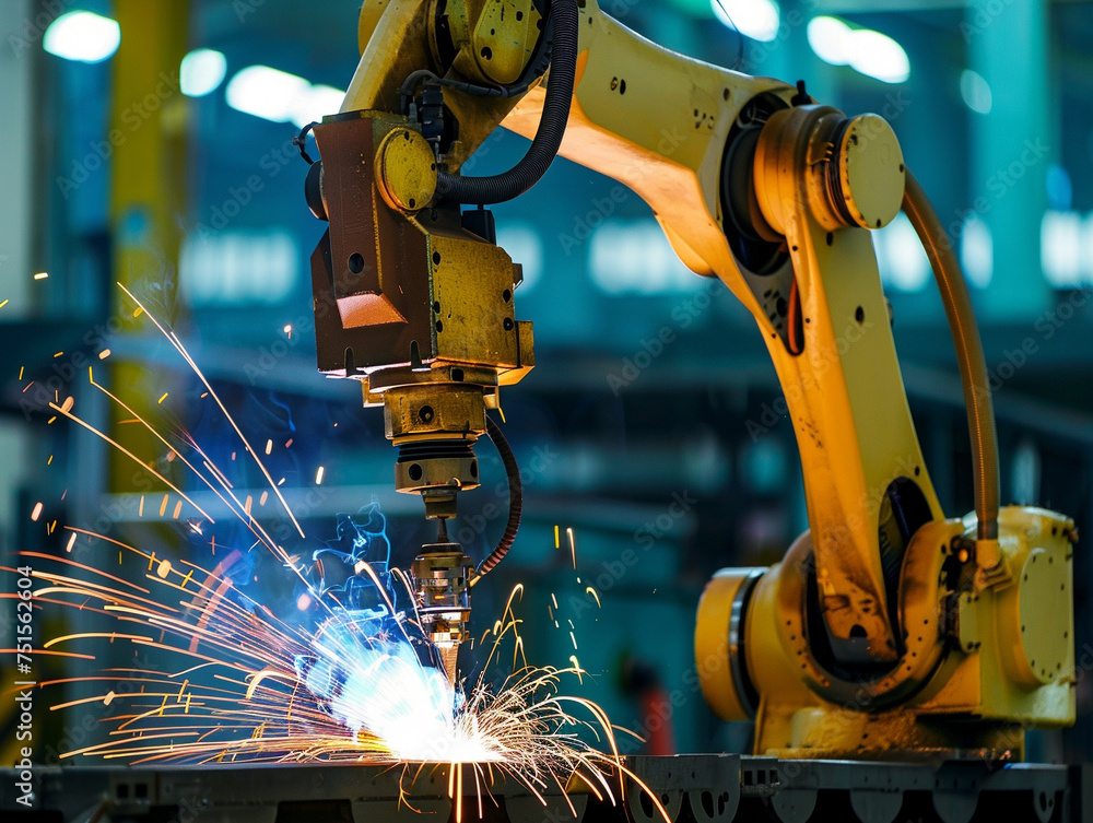 An industrial robot arm in action its precision welding illuminated by sparks showcasing the synergy of technology and manufacturing An industrial robot arm in action its precision welding illuminated by sparks showcasing the synergy of technology and manufacturing