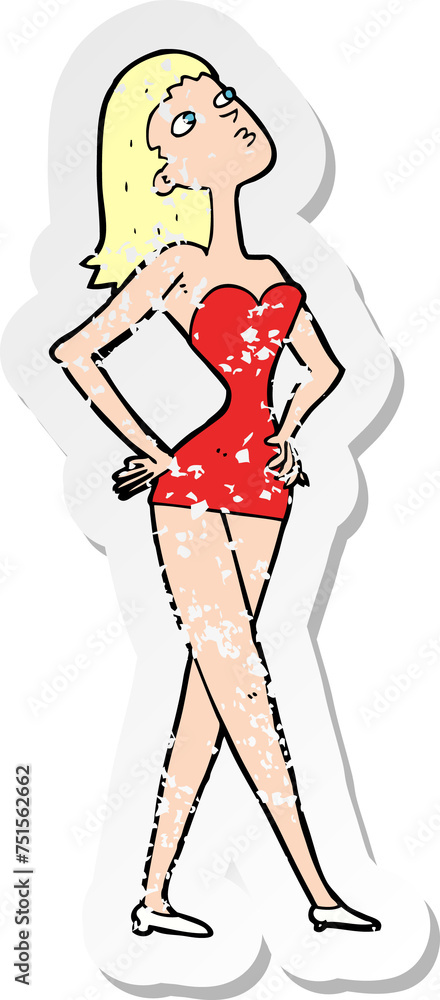 retro distressed sticker of a cartoon woman in party dress retro distressed sticker of a cartoon woman in party dress