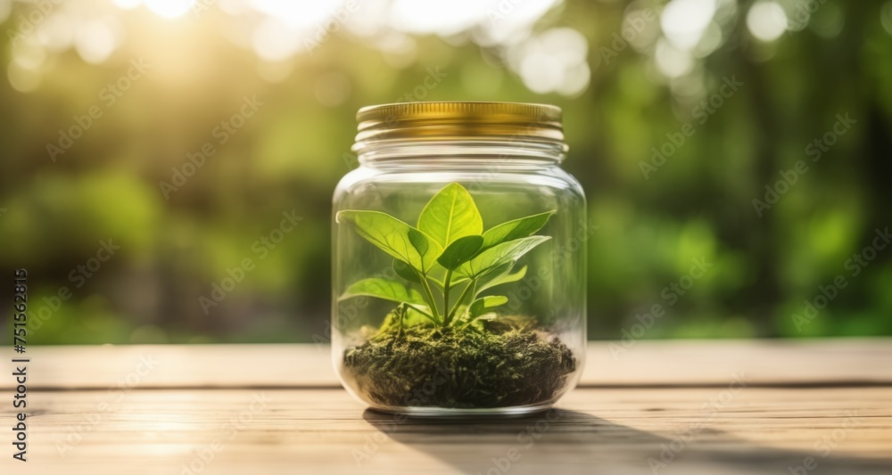A tiny plant in a jar, a symbol of growth and resilience A tiny plant in a jar, a symbol of growth and resilience