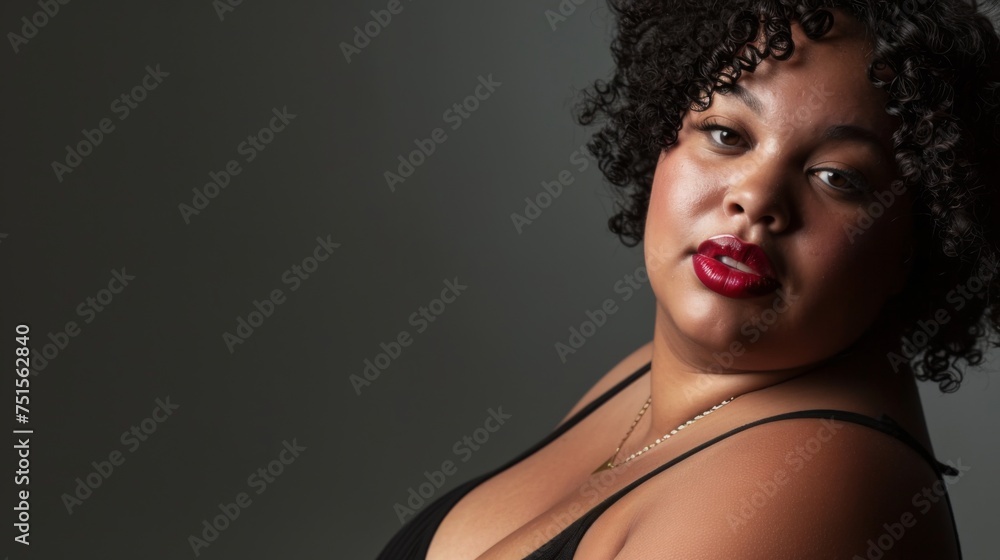 Plus size young woman in stylish clothes on dark background. Diversity and body positivity Plus size young woman in stylish clothes on dark background. Diversity and body positivity