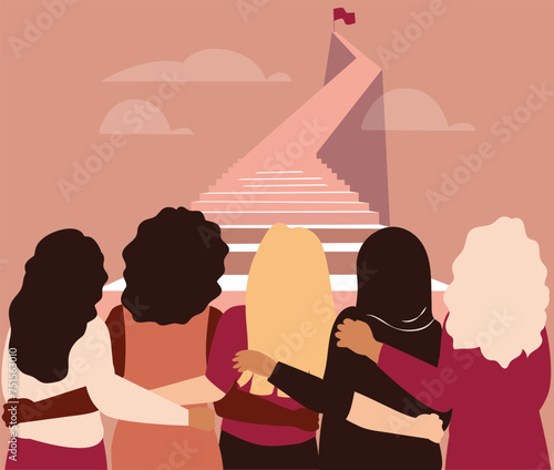 Independent women of different ethnicities stand side by side together while climbing highly on the stairs. Brave feminists support each other to reach their goal. Women empowerment and rights concept
