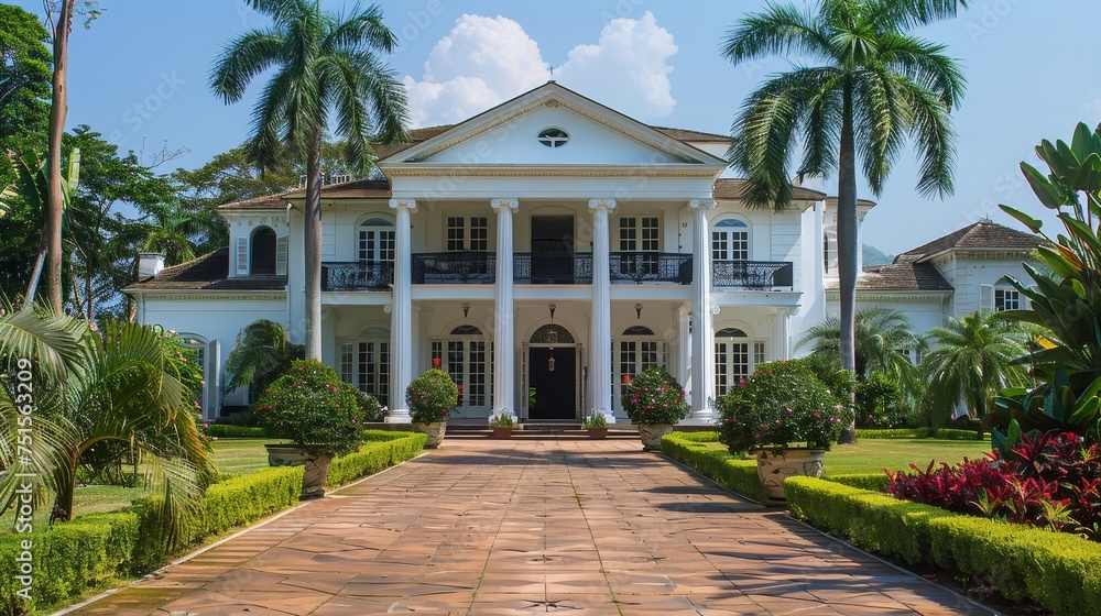 A stately white plantation house stands majestically with a perfectly manicured garden and palm trees. A stately white plantation house stands majestically with a perfectly manicured garden and palm trees.