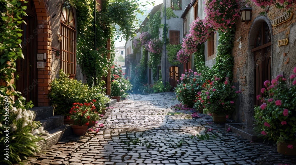 Sunlit cobblestone street adorned with vibrant flowers and climbing ivy on historic buildings in a quaint village.