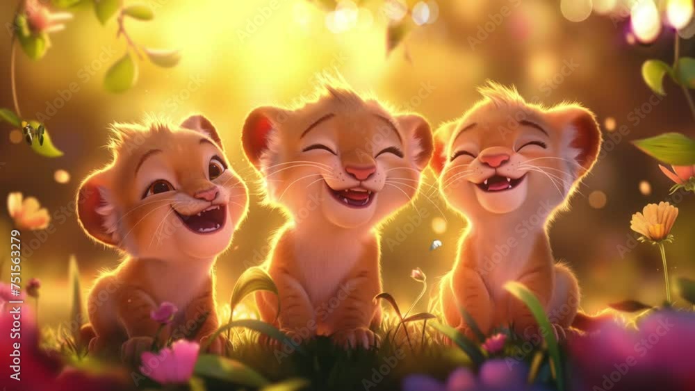 three baby lions playing happily, in the flower garden animation three baby lions playing happily, in the flower garden animation