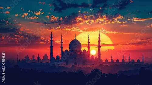 The silhouette of a grand mosque with multiple minarets against a vibrant sunset sky with dramatic clouds.