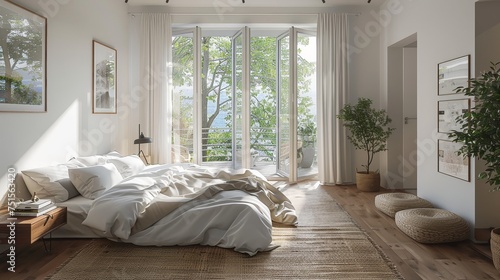 Airy and bright bedroom opening to a scenic balcony view, adorned with natural decor and sunlight filtering through sheer curtains.