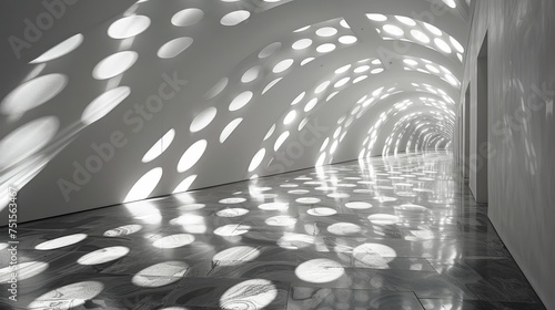 Monochromatic image capturing the essence of a futuristic corridor with a rhythmic pattern of light spots creating a captivating visual tunnel.