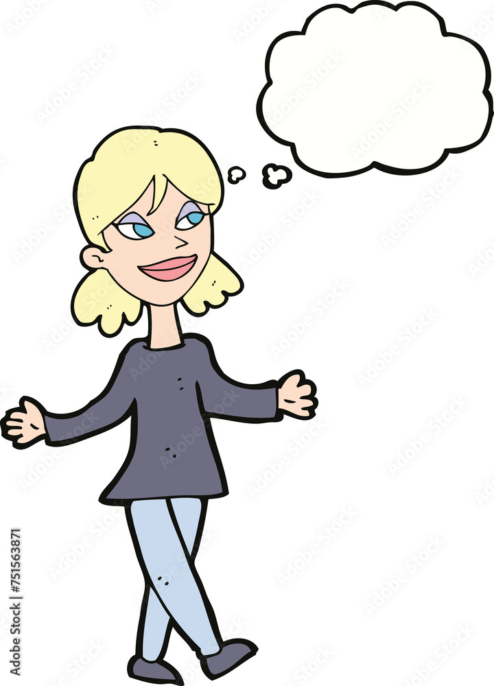 cartoon woman with no worries with thought bubble cartoon woman with no worries with thought bubble
