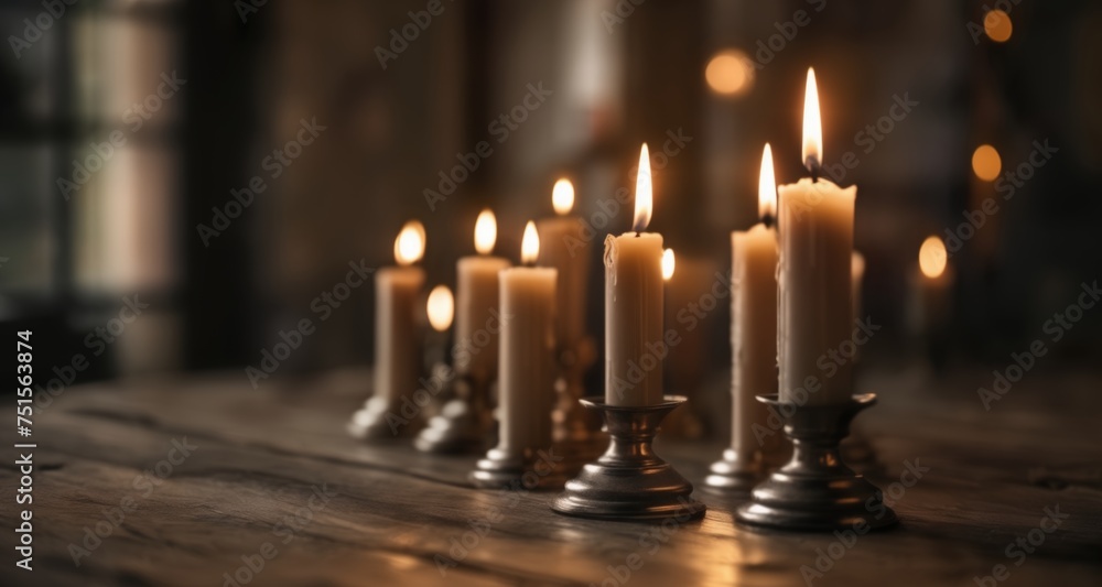  Warm and inviting ambiance with lit candles on a rustic table - obrazy, fototapety, plakaty 