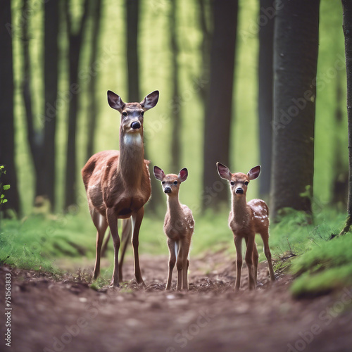 Reh und Bambis stehen im Wald
