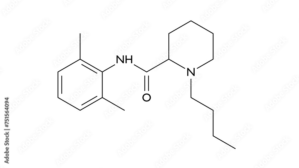 bupivacaine molecule, structural chemical formula, ball-and-stick model, isolated image local anesthetics bupivacaine molecule, structural chemical formula, ball-and-stick model, isolated image local anesthetics
