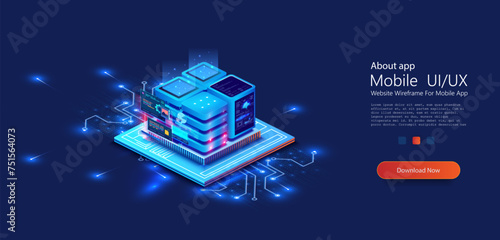 Futuristic isometric of data center with server racks and glowing network connections. Concept big data processing center, cloud database, server energy station future. Data transmission technology.