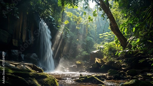 Enchanting Waterfall in Lush Green Forest Illuminated by Sunrays