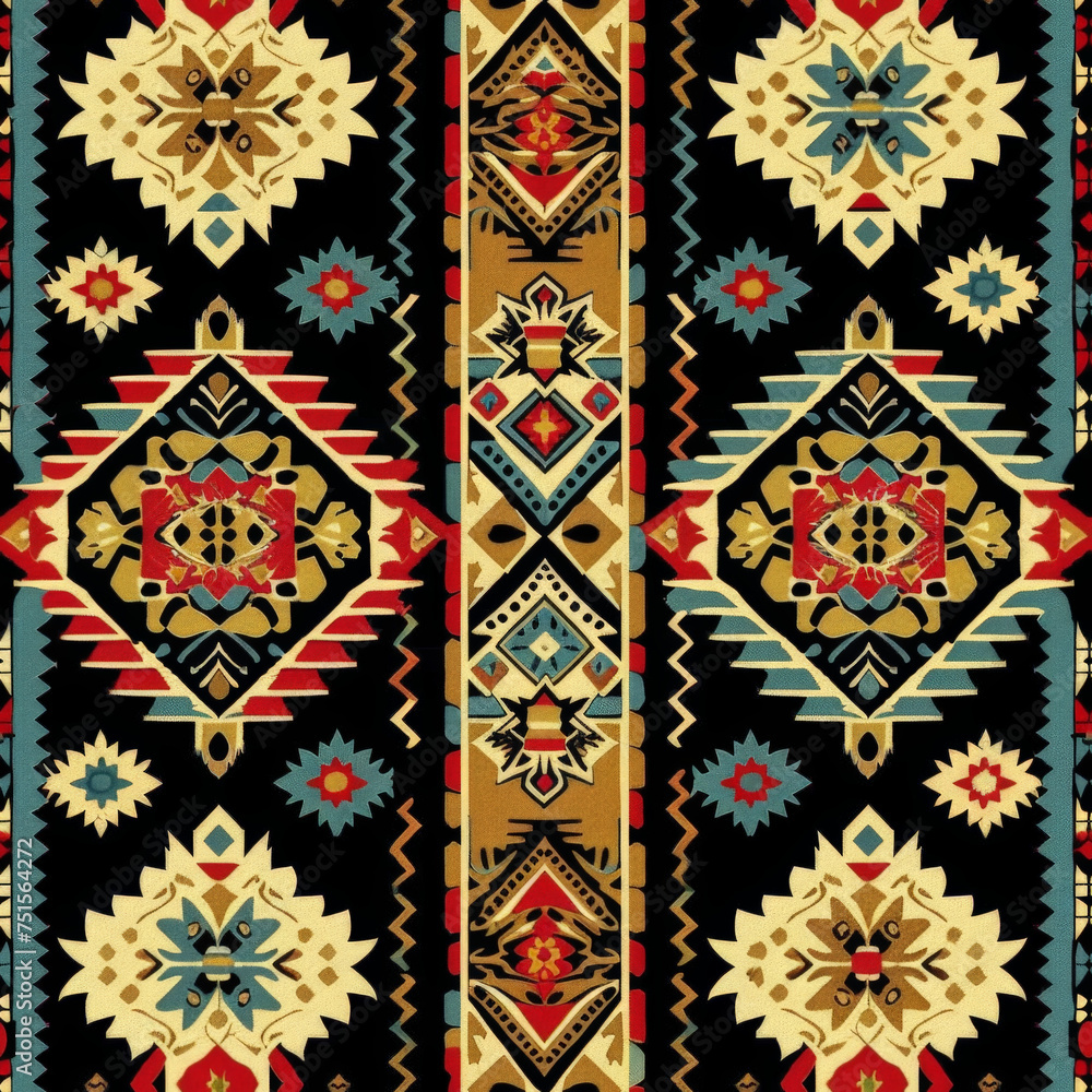 A colorful rug with a pattern of flowers and geometric shapes