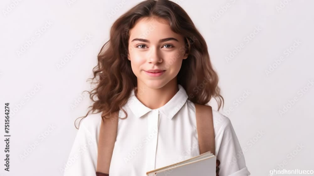 Portrait of Young student woman looking camera with big smile and wearing backpack holding book over isolated white background, learning and educational back to school concept Portrait of Young student woman looking camera with big smile and wearing backpack holding book over isolated white background, learning and educational back to school concept