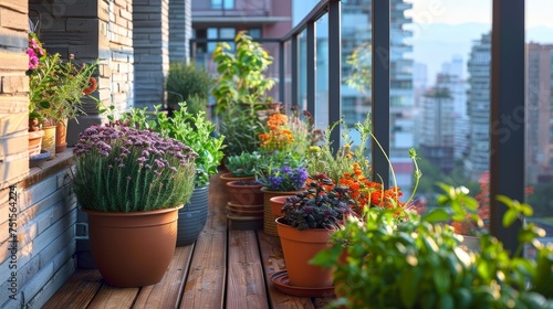 A variety of flowering plants and greenery in pots on a sunny urban apartment balcony.