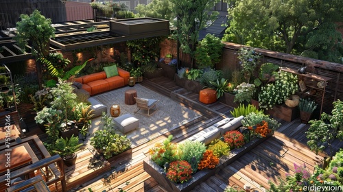 Lush rooftop garden with cozy furniture and vibrant plants in a modern urban environment.