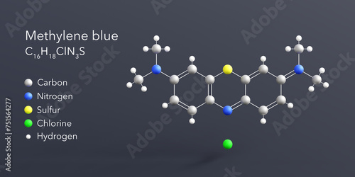 Fototapeta Naklejka Na Ścianę i Meble -  methylene blue molecule 3d rendering, flat molecular structure with chemical formula and atoms color coding
