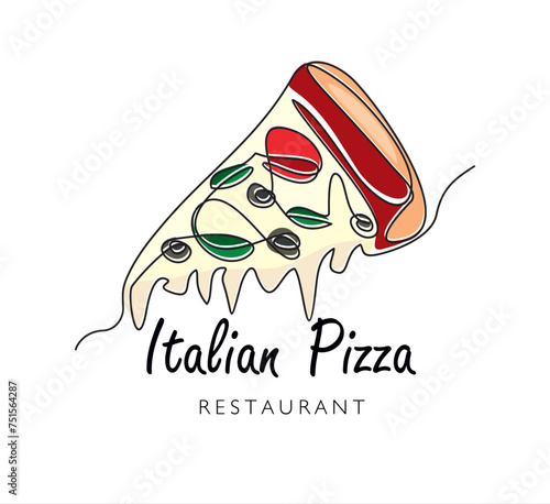 Continuous one line drawing of Piece of pizza for restaurant logo badge. Italian pizzeria logotype template concept isolated on white background. Trendy single line draw design with quote template.