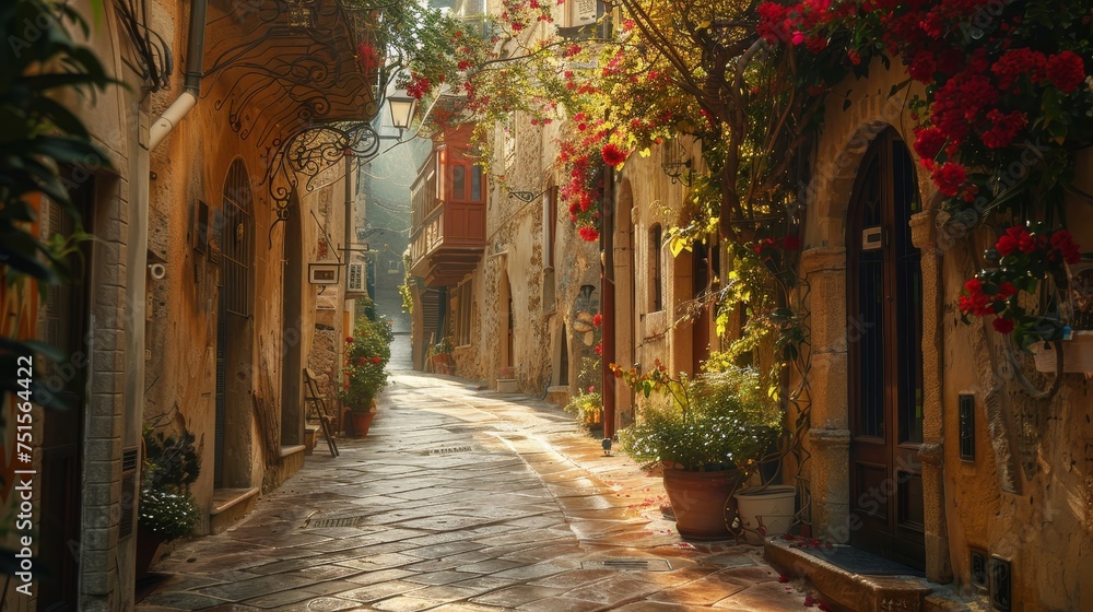 A sun-drenched, charming alleyway adorned with vibrant flowers in a quaint, historical European town, evoking a sense of warmth and tradition.