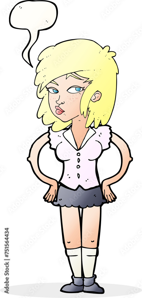 cartoon pretty woman with hands on hips with speech bubble cartoon pretty woman with hands on hips with speech bubble